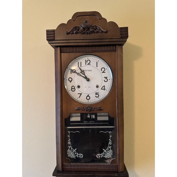 Citizen wooden wall clock with day and date