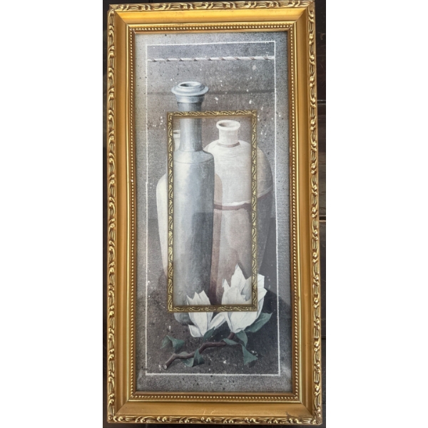  framed still life art print depicting pottery vessels and white flowers. 