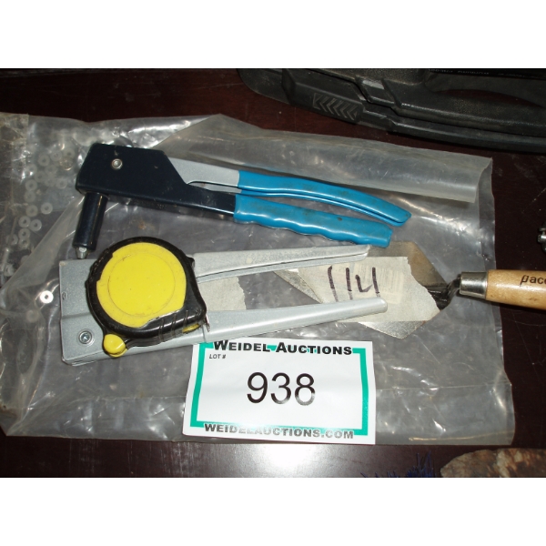 Lot of 4, 2 Rivet Guns, hand trowel & tape measure