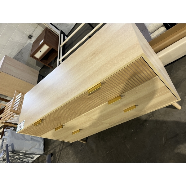 Natural Wood 6-Drawer Dresser with Striped Surface