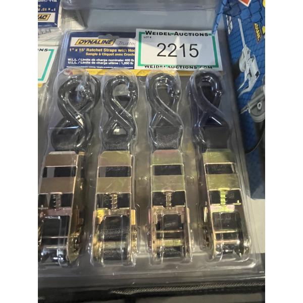 Dynaline 1" x 15' Ratchet Straps with hooks, pack of 4