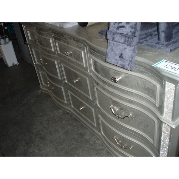 Silver Double Dresser with Crystal Hardware, 9 drawers