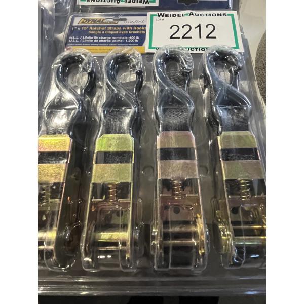 Dynaline 1" x 15' Ratchet Straps with hooks, pack of 4