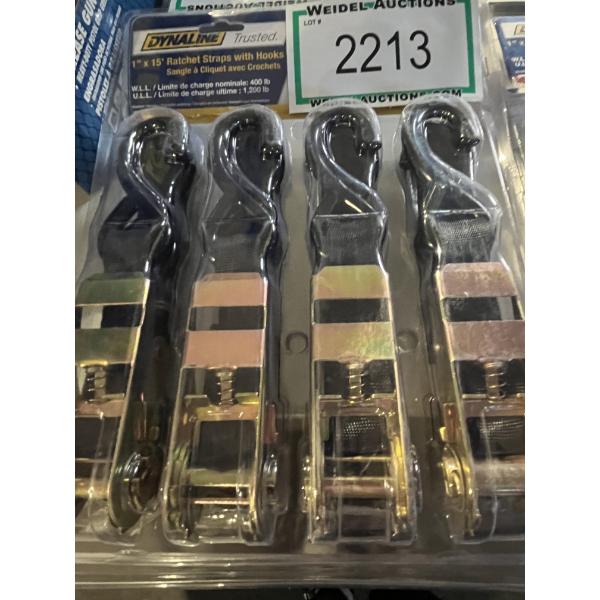 Dynaline 1" x 15' Ratchet Straps with hooks, pack of 4