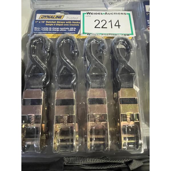 Dynaline 1" x 15' Ratchet Straps with hooks, pack of 4