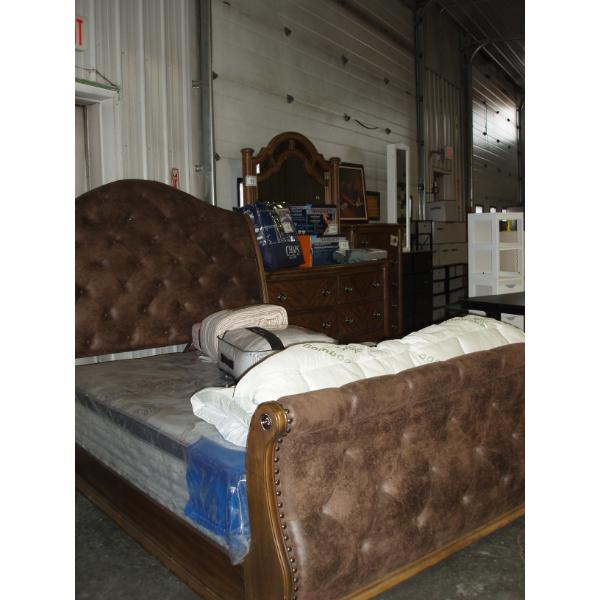 Brown Faux Leather Sleigh Bed, Vanity 6 drawer Dresser with Mirror and High-Boy 5 drawer Dresser