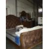 Image 1 : Brown Faux Leather Sleigh Bed, Vanity 6 drawer Dresser with Mirror and High-Boy 5 drawer Dresser