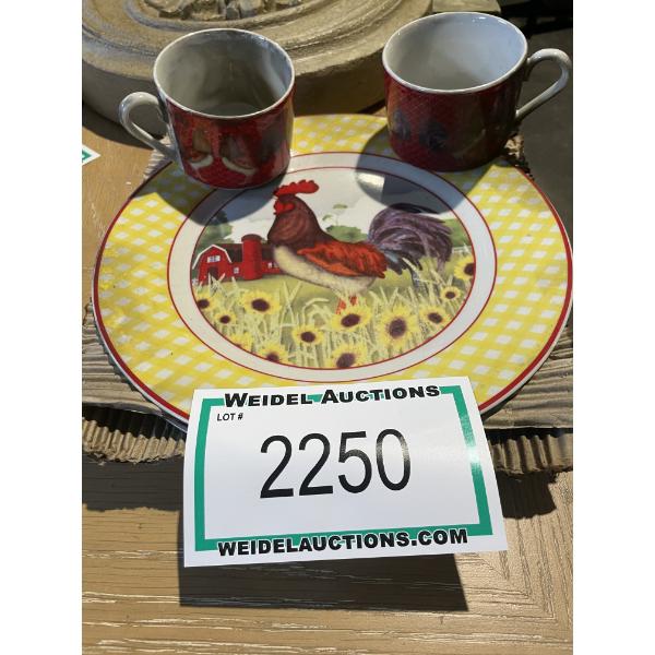 Rooster Dishes, 3 plates & 2 cups