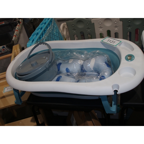 Living Basics Digital Temperature teal & white Colapsable Baby Tub with cushion & diaper bin