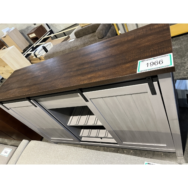 Gray with Dark Wood Top Buffet Table with sliding Barn Style Doors
