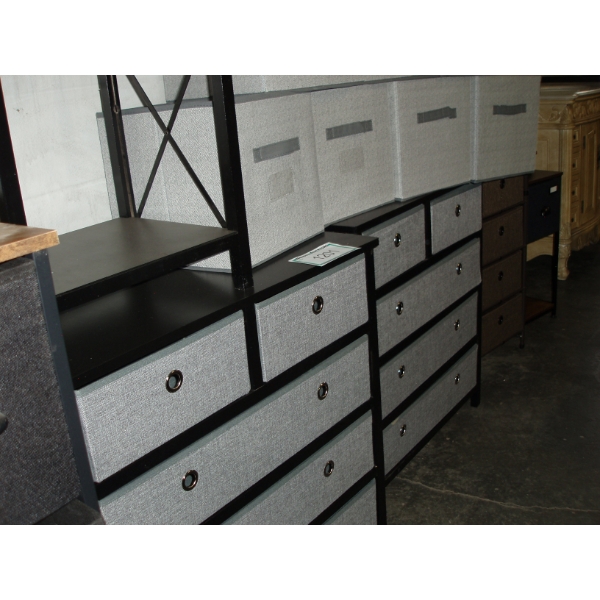Black Laminate Multi Tiered Dressers with light grey fabric drawers c/w 2 dressers and 1 end table