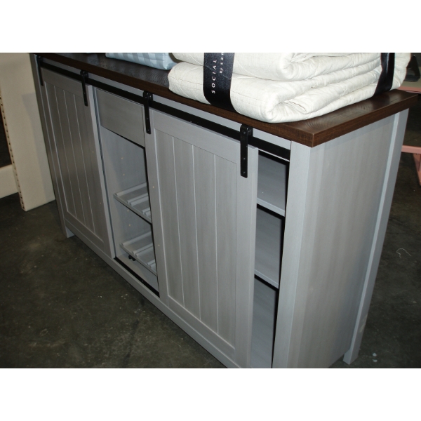 Grey TV Stand with dark brown wood top and barn doors from Wayfair