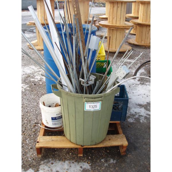 Skid with green barrel, blue barrel of misc construction