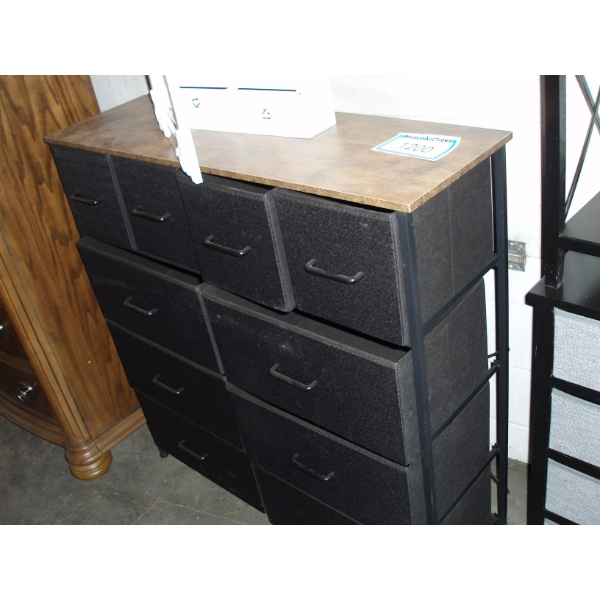 Fabric Storage Drawer Unit with wooden top and black fabric bins