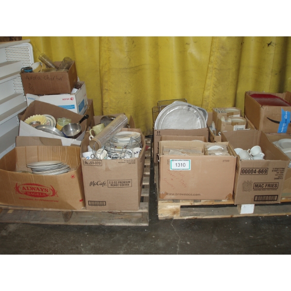2 Pallets of Assorted Plates, cups, pots and pans