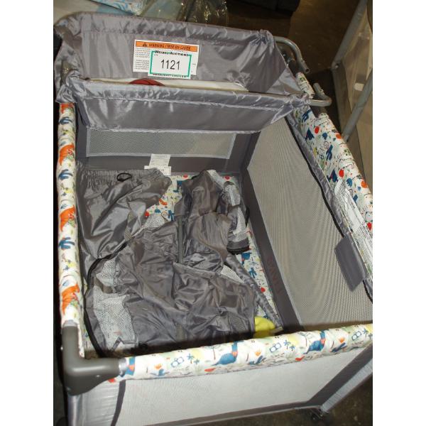 Living Basics Grey Playpen with changing station c/w baby toys