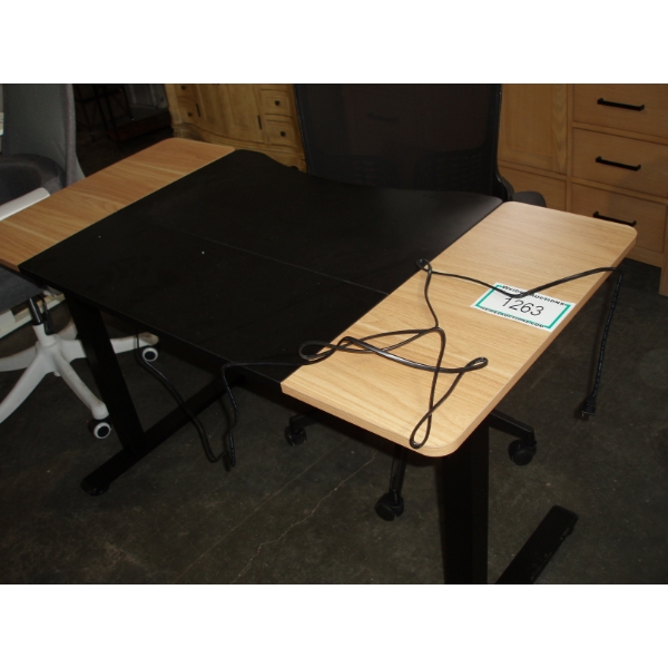 Height Power Adjustable Standing Desk with wooden top and black legs