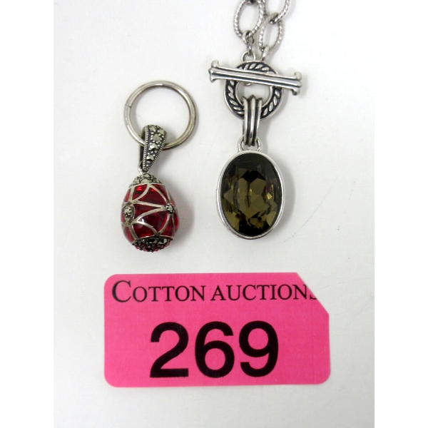 .925 Silver Citrine Necklace & Art Glass Egg Pendant