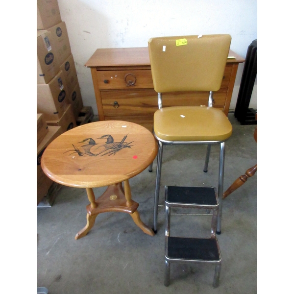Wood Side Table & Vintage Kitchen Stool