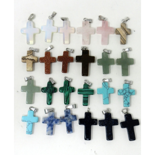 24 New Polished Gemstone Cross Pendants