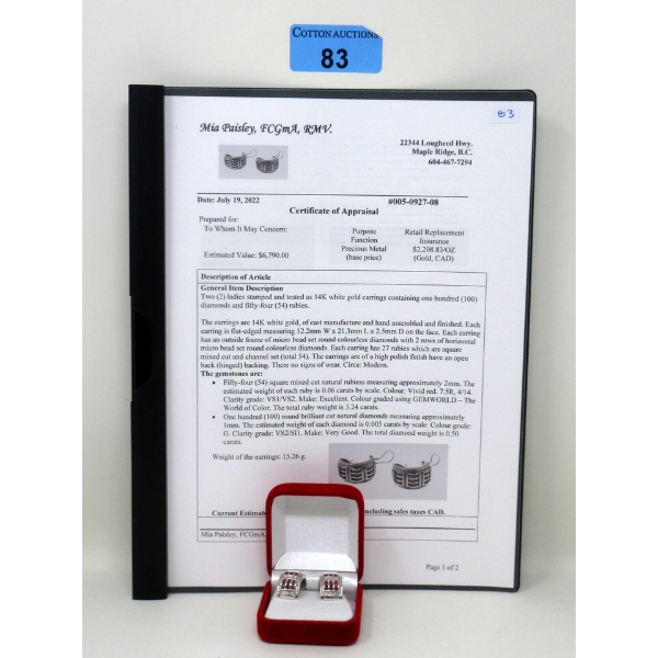 14 KT White Gold Diamond & Ruby Earrings