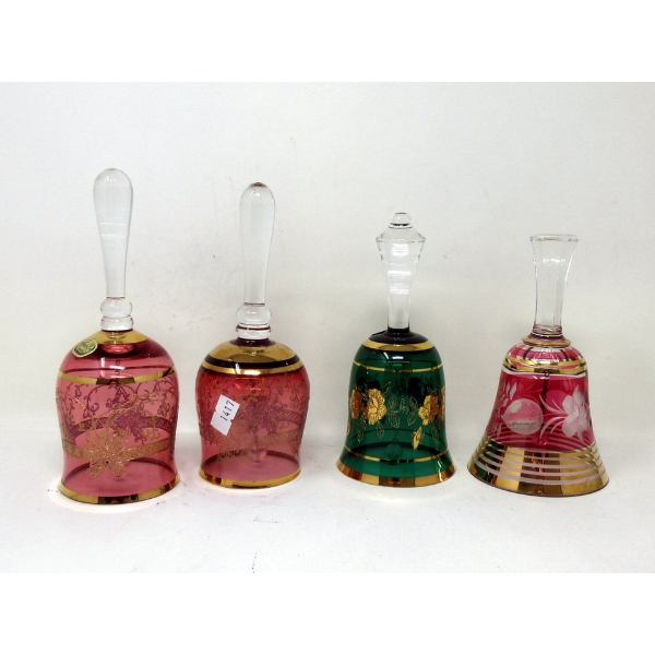 4 Vintage Bohemian Glass Bells - Hand Painted