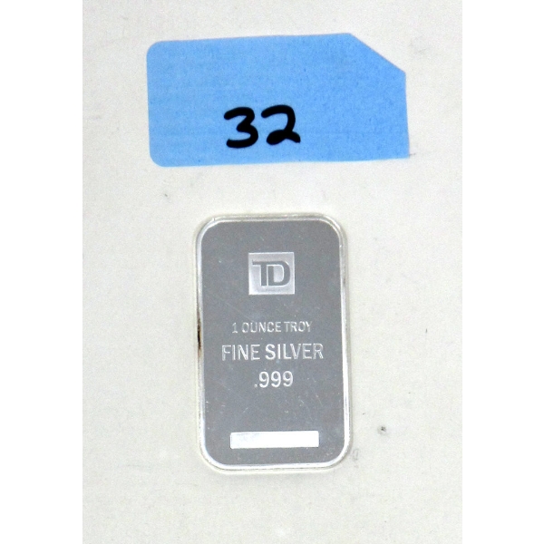 1 Oz .999 Silver TD Bank Investor Bar 