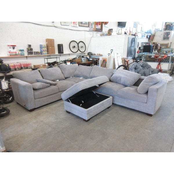 Grey Fabric Corner Sectional w/ Storage Ottoman