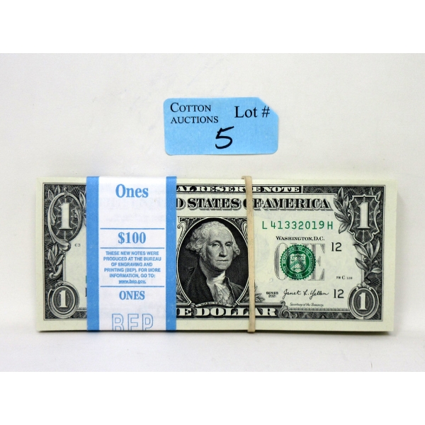 100 x $1 USD Uncirculated Sequential Numbered Federal Reserve Bundle 