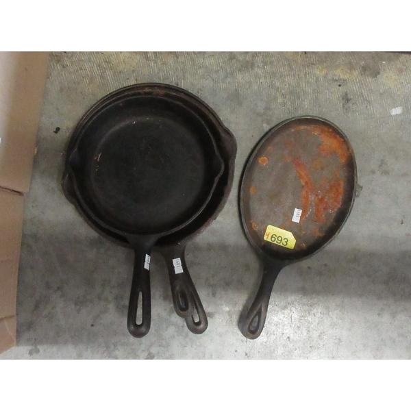4 Assorted Preowned Cast Iron Pans 