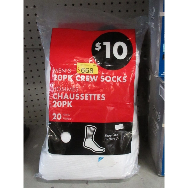 3 New 20 Packs of Men's Crew Socks - White