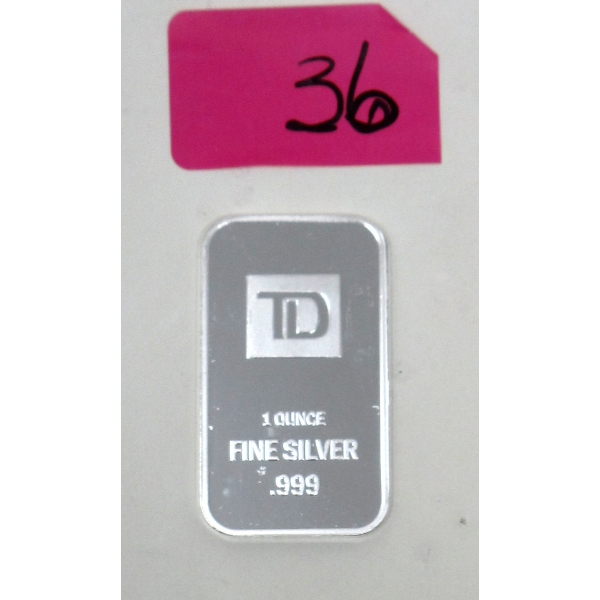 1 Oz .999 Silver TD Bank Investor Bar 