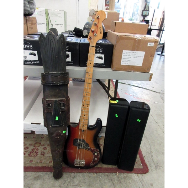 Mann Bass Guitar, Carved Wood Art & 2 Samsung Speakers