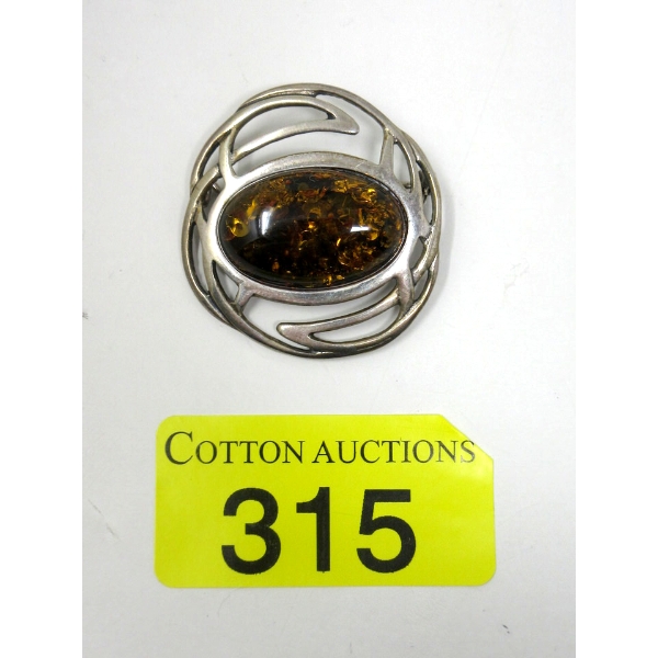 Vintage Sterling Silver Amber Resin Brooch