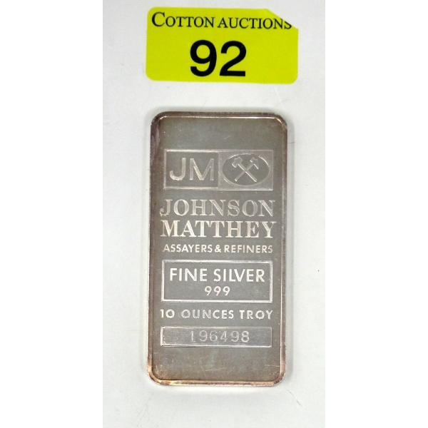 10 Oz .999 Silver Johnson Matthey Bar 