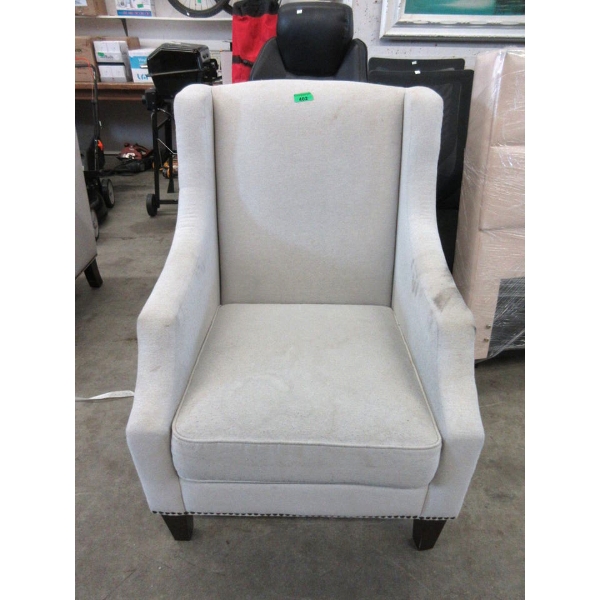 Beige Fabric Upholstered Armchair - Nail Head Detail