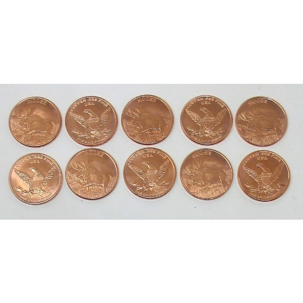 10 x 1 Oz .999 Fine Copper Moose Art Rounds