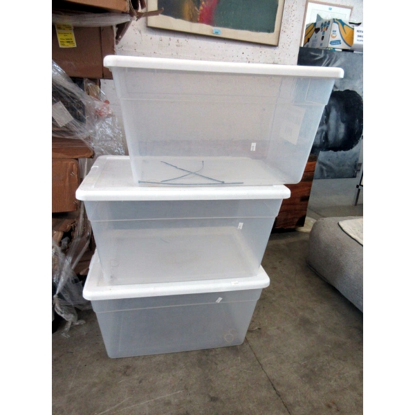 3 Clear Totes with Lids - 12" x 16" x 21" tall
