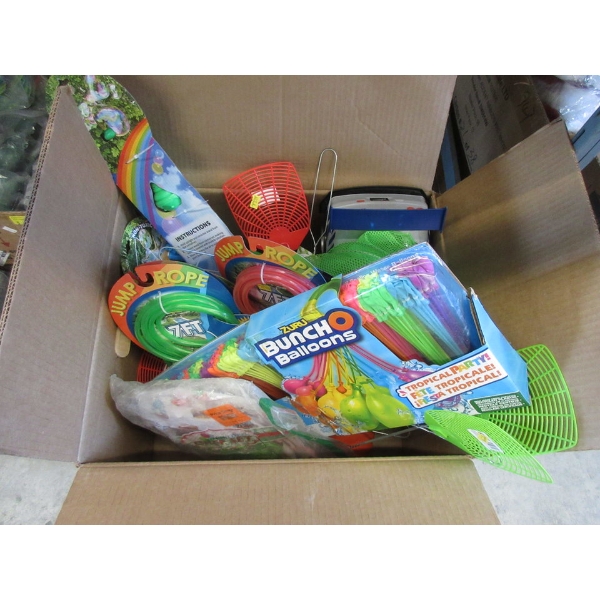 Box of New Fly Swatters and Children's Toys