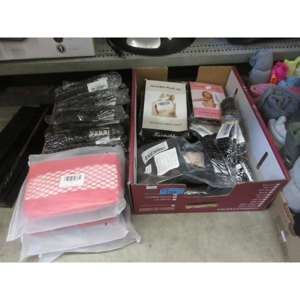 Box & Stack of New Shower Hooks, Invisible Bras & More