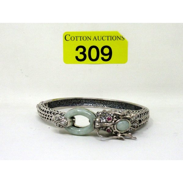 .925 Silver & Jade Dragon Hinged Bangle Bracelet