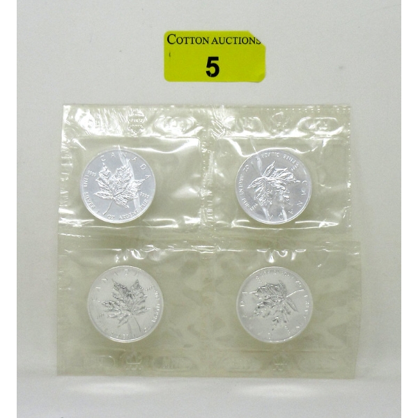 Uncut sheet 4 x 1 Oz .9999 Silver 1999 Maple Leaf Coins 