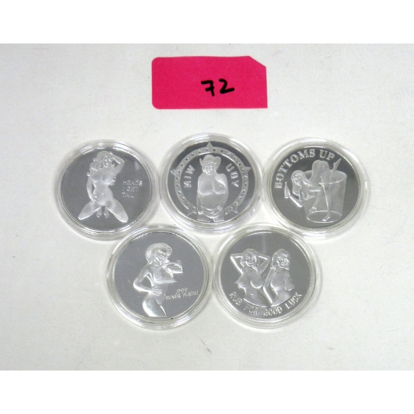 5 x Silver Clad NUDE Girl Art Rounds 