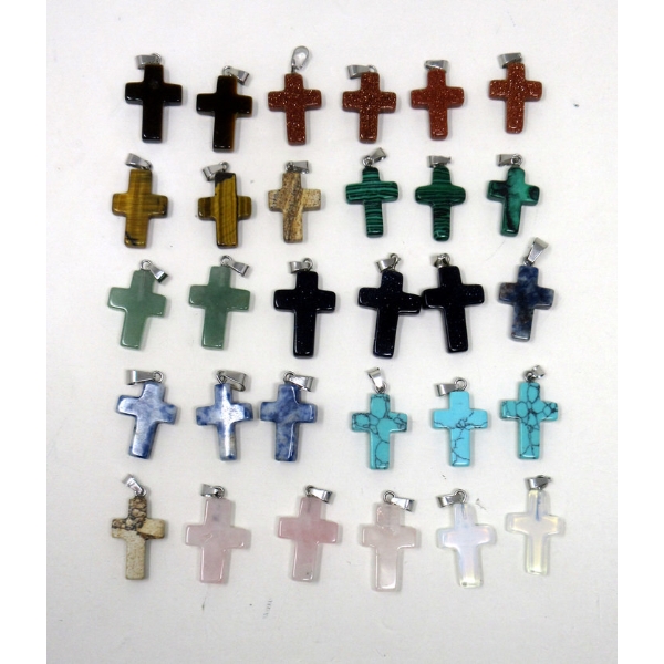30 New Polished Gemstone Cross Pendants