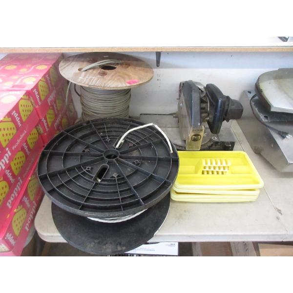 Compound Mitre Saw, Cutlery Caddy and 2 Rolls of Electric Cable
