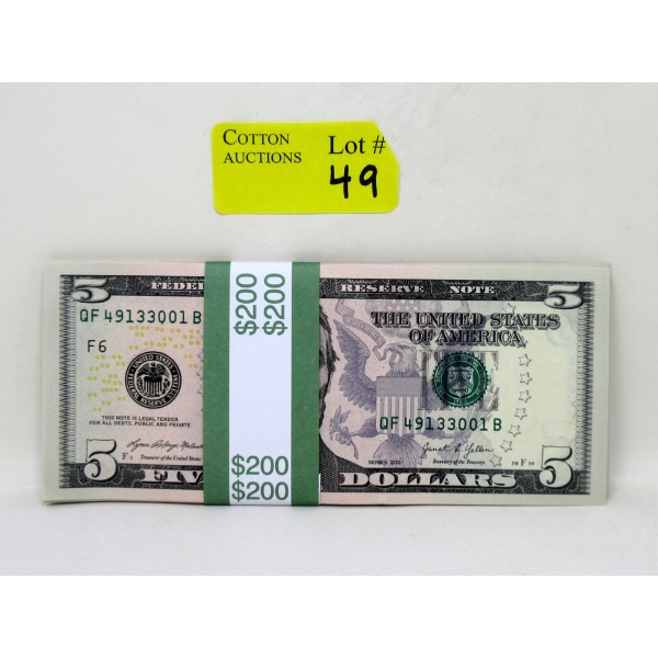 40 x $5 USD Uncirculated Sequential Numbered Bundle 