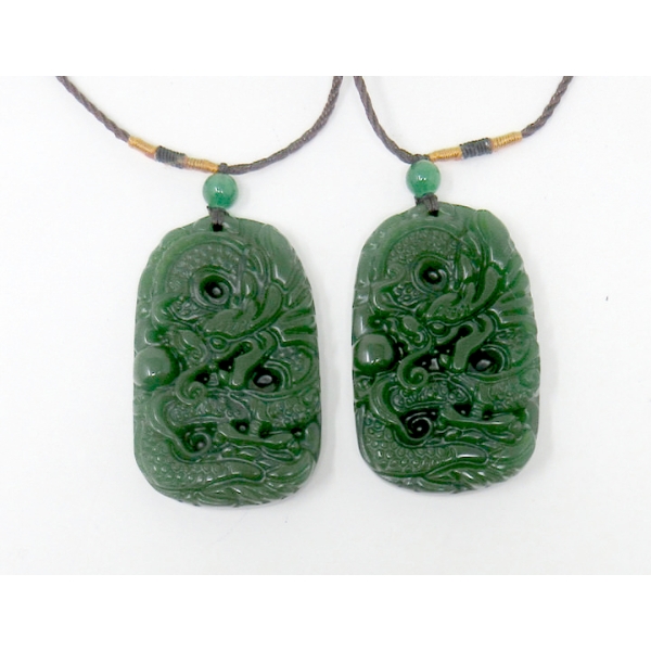 2 Large Jade Carved Dragon Amulets on Cords
