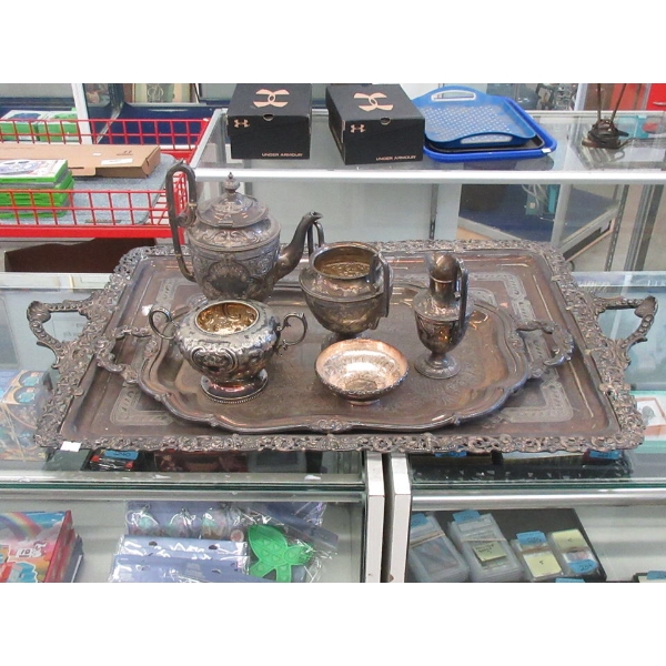 7 Pcs. Lot of Silver Plated Tea Set and Trays