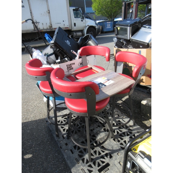 4 Red 26" Swivel Stools & 1 Small Folding Table
