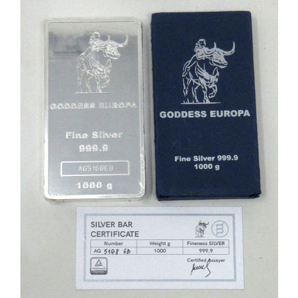 1000 Gram .9999  Silver Goddess Europa Serial Numbered Bar 